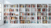 Modern white library interior with built-in floor to ceiling bookshelves filled with colorful books against white walls and wooden floor, minimalist design.