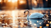 Elegant white swan swimming gracefully on golden water surface during sunset with warm bokeh lights reflecting creating peaceful nature scene.