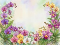Watercolor orchid frame with purple, pink, yellow and white blooms, green ferns, soft pastel background, copy space for text or design.