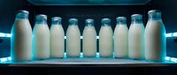 Fresh milk bottles lined up on refrigerator shelf with blue LED lighting creating modern dairy storage display for healthy nutrition concepts.