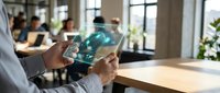 Professional businessman using transparent tablet with holographic interface in modern office workspace for digital transformation and future technology.
