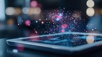 Digital tablet screen emitting glowing network connections and particle effects with blue and pink light trails against dark background, modern technology concept.