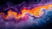 Abstract fluid art with vibrant swirls of orange, purple, and blue colors creating cosmic nebula effect against dark background, featuring flowing marble patterns.