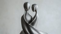 Minimalist sculpture of embracing couple in smooth flowing lines and curves, rendered in metallic silver finish against neutral background. Artistic symbol of love and unity.