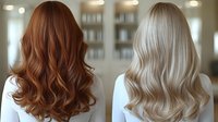 Comparison of blonde and copper hair colors shown from behind with soft waves and professional salon styling. Modern hairstyling trends for long hair.