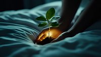 Young green sprout growing from glowing soil in cupped hands against dark background, symbolizing hope, growth, and environmental protection. Dramatic lighting creates mystical mood.