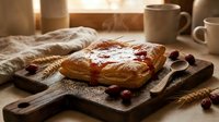 Freshly baked pastry with cranberries on rustic wooden board, warm morning light streaming through window, cozy breakfast scene with coffee cups and linen.