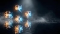 Glowing technology icons floating above reflective water surface in dark atmospheric environment with dramatic lighting and digital innovation symbols.