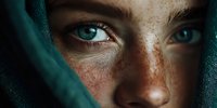 Young woman with freckles and striking blue eyes wearing teal headscarf, close-up portrait showing natural beauty and intense gaze for fashion photography.