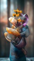 Yellow flowers emerging from colorful wrapped fabric petals in artistic arrangement. Surreal floral composition with vibrant orange, purple, teal tones. Creative botanical still life for editorial, design, and artistic projects.