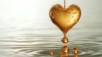 Golden heart-shaped pendant dripping liquid gold creating concentric ripples on reflective surface. Romantic luxury concept with metallic droplets and water circles.