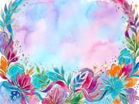 Watercolor floral frame with vibrant blooms in pink, purple, blue, and orange tones on soft pastel background. Isolated design element for invitations, cards, and creative projects.