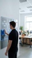 Young Caucasian male developer interacting with futuristic holographic interface display in modern office workspace with plants and natural lighting.
