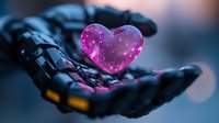Glowing pink heart shape floating above robotic hand against dark background, magical sparkles and stars create romantic sci-fi atmosphere. Suitable for Valentine designs.