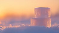 Translucent ice cubes stacked in fresh snow at sunset, creating ethereal glow and reflections against orange sky background. Natural winter macro photography.