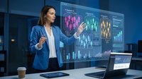 Professional businesswoman presenting data analytics on interactive display screen in modern office environment for corporate strategy meeting.
