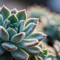 Succulent plant with water droplets in morning sunlight creating natural bokeh background for wellness and gardening concepts.