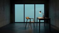 Modern minimalist workspace with wooden chair and desk against large windows with blue sky view, featuring contemporary furniture and task lighting for office, home studio, or creative workspace design.