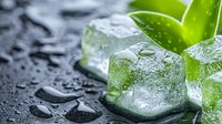 Fresh ice cubes with water drops and green mint leaves on dark wet surface. Refreshing summer drink concept with melting ice and natural herbs.