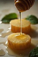 Golden honey drizzling onto fresh pear slices garnished with green leaves, creating appetizing food composition with natural sweetness and organic elements.