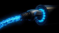 Futuristic electric vehicle charging plug with glowing blue energy stream effect against dark background, concept of clean energy technology and power innovation.