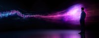 Silhouette of man standing against vibrant purple and blue light waves flowing through dark space, creating mystical atmospheric effect for technology concept.