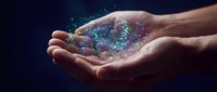 Cupped hands holding glowing digital network with sparkling particles and connections representing technology, innovation, and futuristic concepts for business presentations.