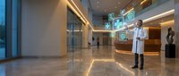 Male doctor in white coat using holographic medical technology interface in modern hospital lobby with futuristic digital healthcare displays and contemporary architecture.