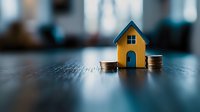 Yellow wooden house model between stacks of coins on dark wooden surface, symbolizing real estate investment, property finance, and home savings concept.