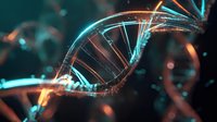 DNA double helix structure with glowing cyan and orange light effects on dark background for biotechnology and genetic research presentations.