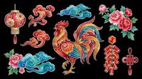 Festive lunar new year clipart set with rooster, lantern, peonies, clouds, firecrackers, and knot, isolated on transparent background for t-shirts, stickers, print on demand.