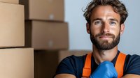 Smiling Caucasian male mover in orange uniform and blue t-shirt standing next to cardboard boxes during relocation service, professional moving company worker.