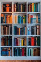 Modern white bookshelf filled with colorful vintage hardcover books arranged neatly in rows, creating vibrant pattern against clean shelving. Literature collection.