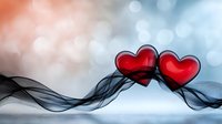 Two red hearts connected by flowing black smoke waves against soft bokeh background in blue and coral tones, romantic Valentine concept.