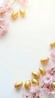 Golden chocolate eggs scattered with delicate pink cherry blossoms on white background creating festive Easter spring celebration frame with copy space.