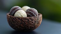 Chocolate truffles with dark and white chocolate stripes served in decorative coconut shell bowl against blurred green background. Gourmet confectionery concept.