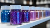 Colorful glitter jars arranged in row showing blue and purple sparkles in transparent containers on white surface, selective focus on foreground bottles.