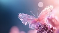 Magical pink butterfly with glowing sparkles and delicate wings resting on purple flower in dreamy soft focus macro photography against blurred background.