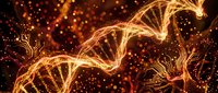 Glowing DNA helix with golden light particles on dark background, representing genetic research, biotechnology, and scientific innovation for medical and educational use.