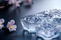 Clear glass tea light holders with delicate floral pattern on dark surface, pink cherry blossoms in soft focus background creating serene spa atmosphere.