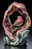 Pink songbird perched inside crystal geode formation with rose quartz and aquamarine minerals against dark background, creating magical nature composition.