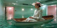 Woman in vintage white dress and floral hat sitting in wooden boat inside flooded pastel-colored room with pink doors, surreal indoor water scene for creative projects.