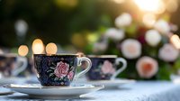 Vintage floral teacups with pink roses on dark background set on white tablecloth outdoors during golden hour, creating romantic atmosphere for afternoon tea party.