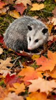 Adorable opossum sitting among colorful autumn leaves in natural forest habitat during fall season showcasing wildlife behavior and seasonal change.