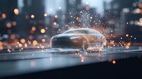 Futuristic luxury car concept with glowing light trails and sparks against dark urban background, creating dramatic atmosphere and sense of speed and innovation.