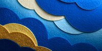 Abstract layered paper art with blue and gold circular shapes creating a textured wave pattern, perfect for creative backgrounds and design projects.