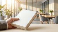 Businesswoman holding blank wooden frame on desk in modern office with plants and natural light for branding and marketing mockups.