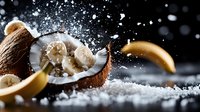 Fresh coconut split open with splashing milk and bananas on dark background with scattered coconut flakes and dramatic lighting effect.