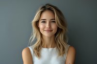 Young blonde woman with natural makeup and wavy hair wearing white sleeveless top smiling confidently against gray background, studio portrait in soft lighting.