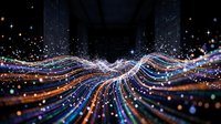 Abstract digital wave with glowing particles and light trails creating dynamic energy flow on dark background for technology and data visualization concepts.